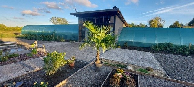 A központi épület és a növényházak kívülről, előtérben pálma