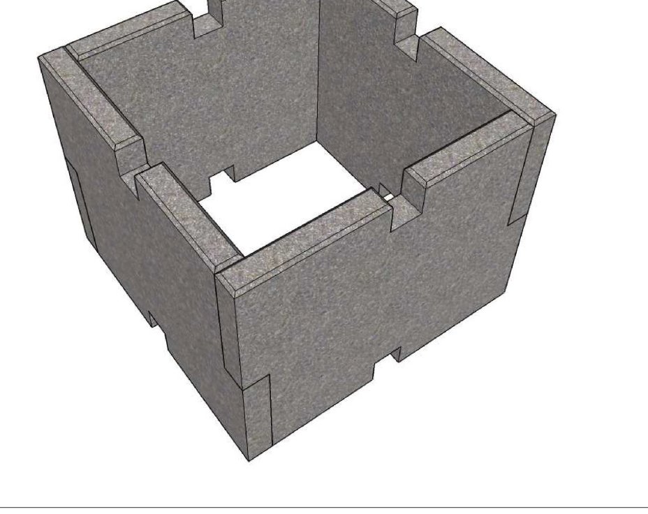 Négy azonos, csaphornyos betonelemből összerakott négyzetes medence 3D nézete