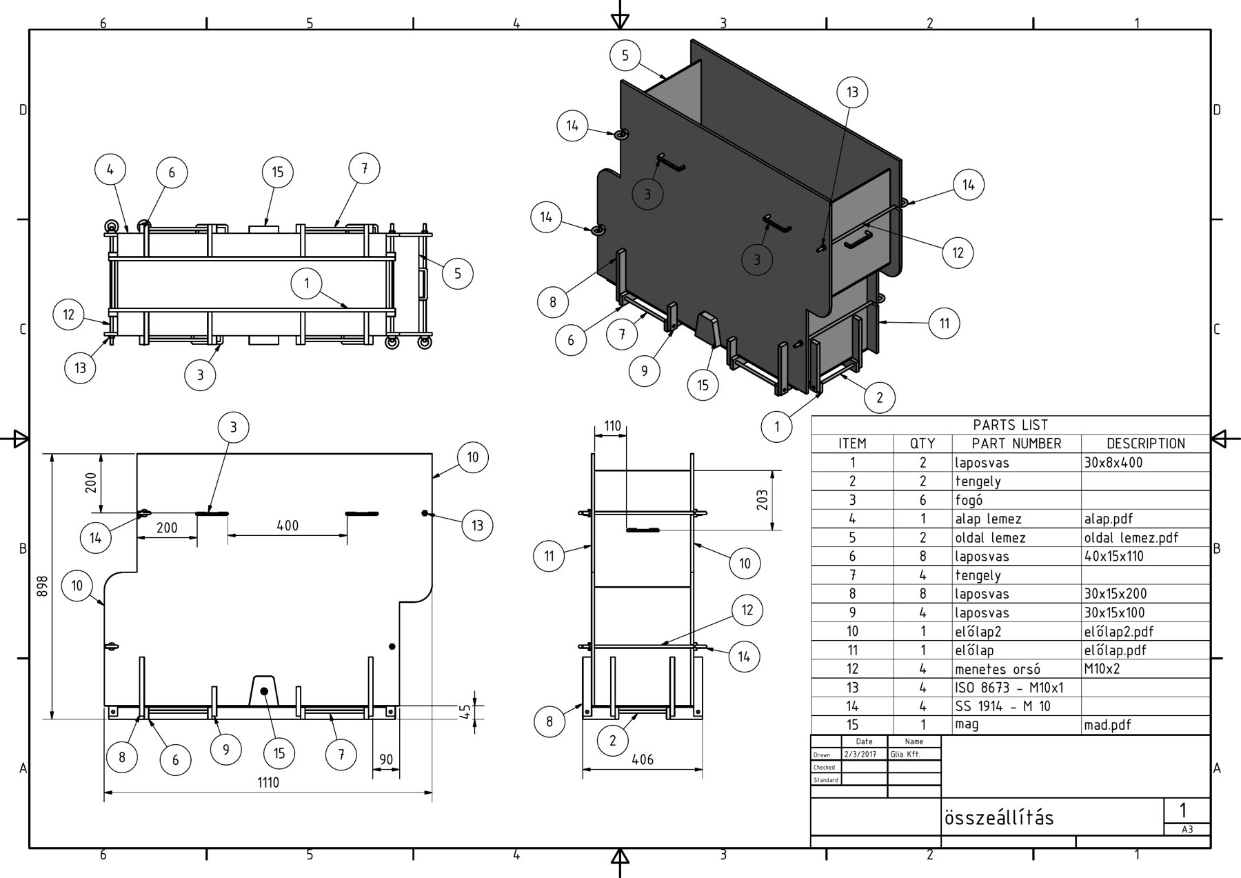 A betonelem acél zsaluzatának összeállítási rajza alkatrészjegyzékkel és 3D nézettel
