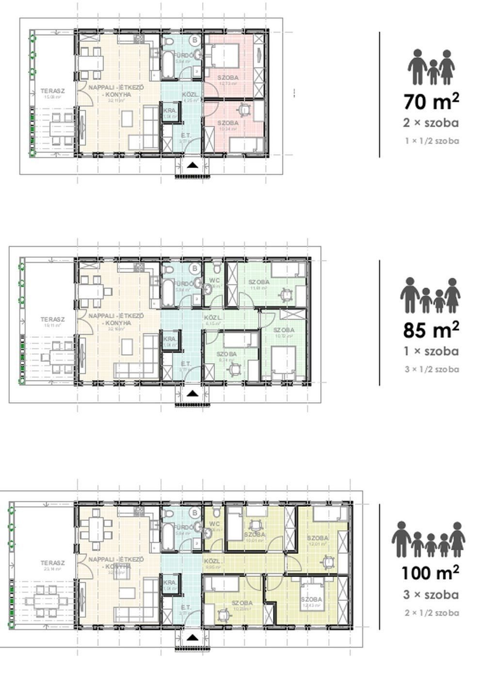 A 70, 85 és 100 m²-es változat alaprajzai